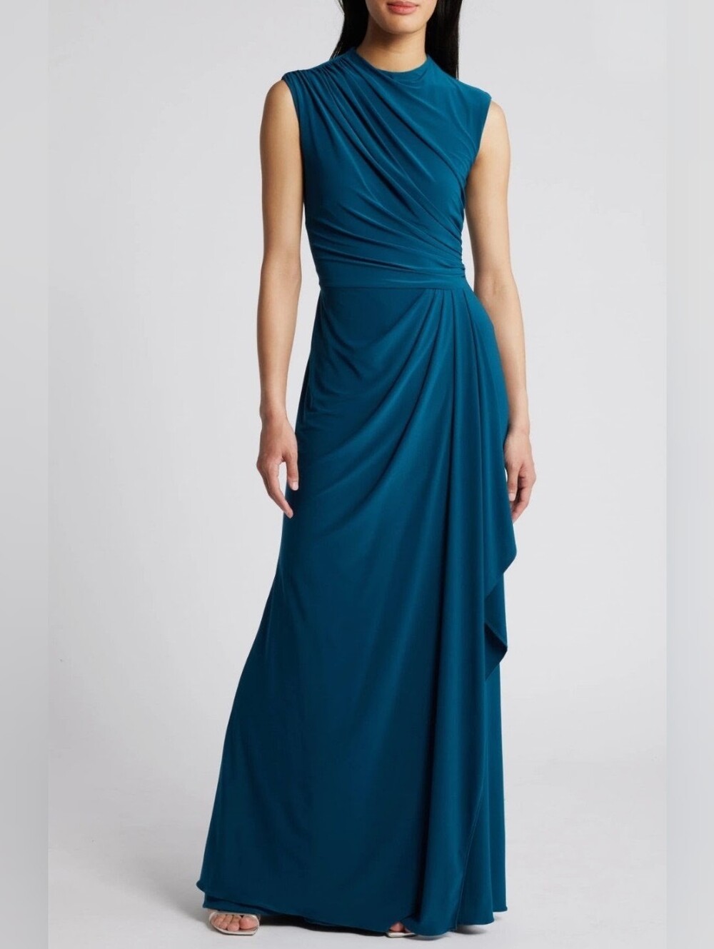 Betsy & Adam Ruched Mock Neck Sleeveless Gown Mallard Teal Size 12